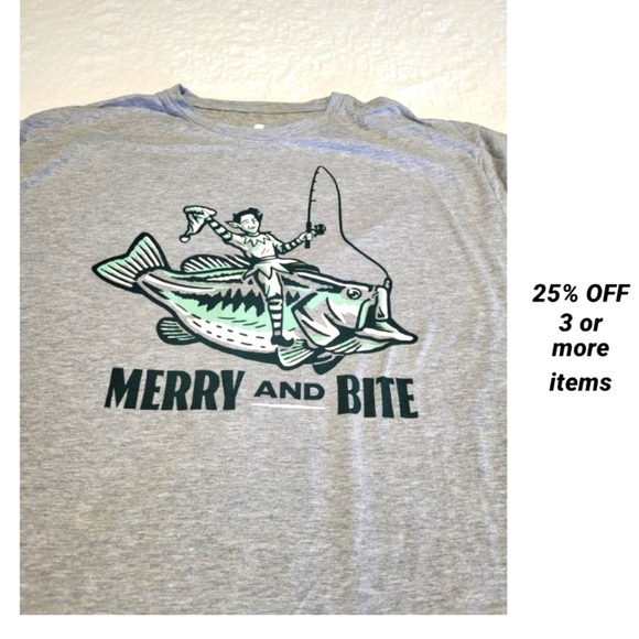 Merry and Bite Christmas T-shirt  Graphic Print Longsleeve Holiday Elf Fish Fun - Picture 1 of 16